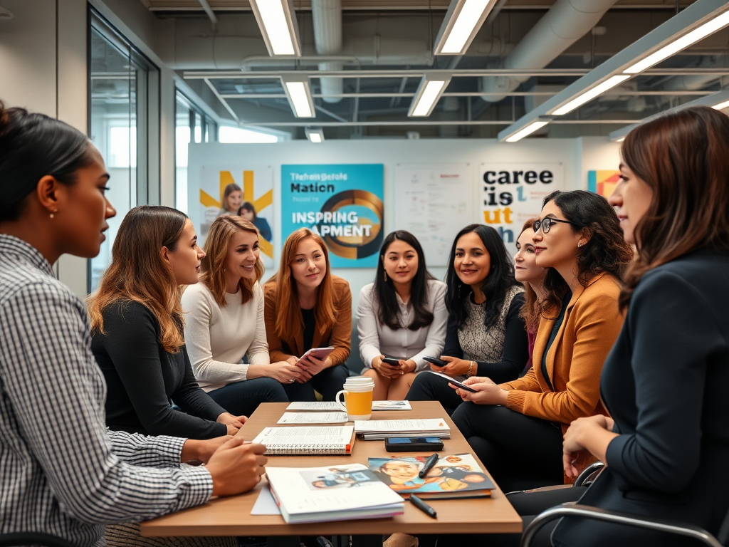 Een diverse groep vrouwen in een moderne kantoorruimte, in gesprek.