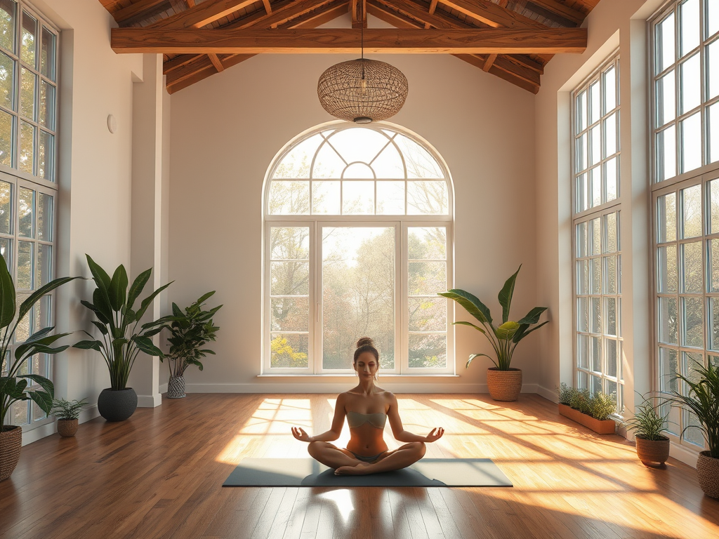 Een serene yogastudio met een mediterende figuur.