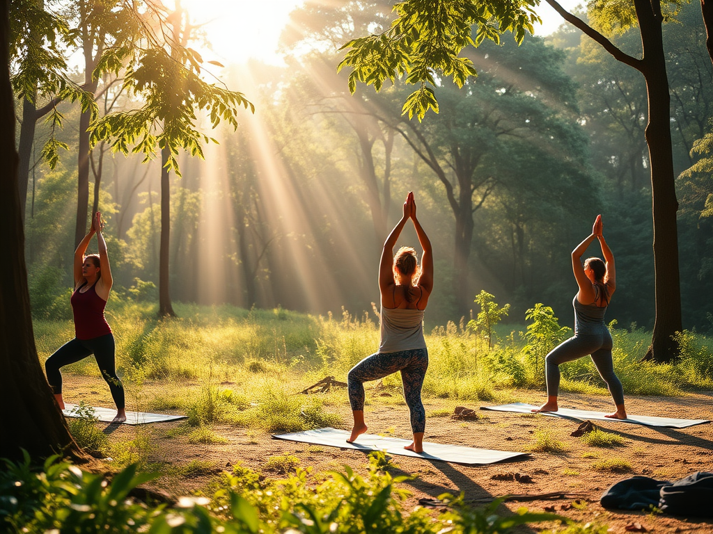 Vrouwen die yoga beoefenen in een groene, zonnige omgeving.