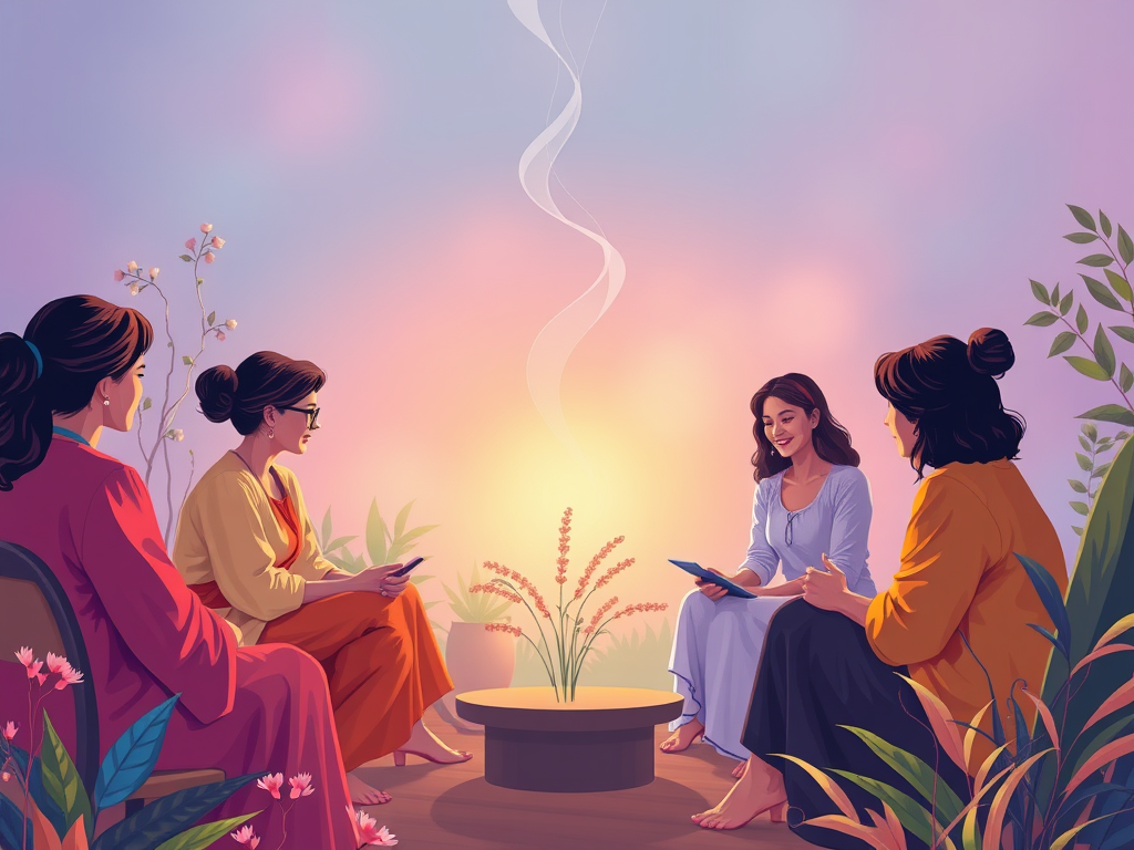 Een serene workshop met vrouwen in gesprek, omringd door natuur.