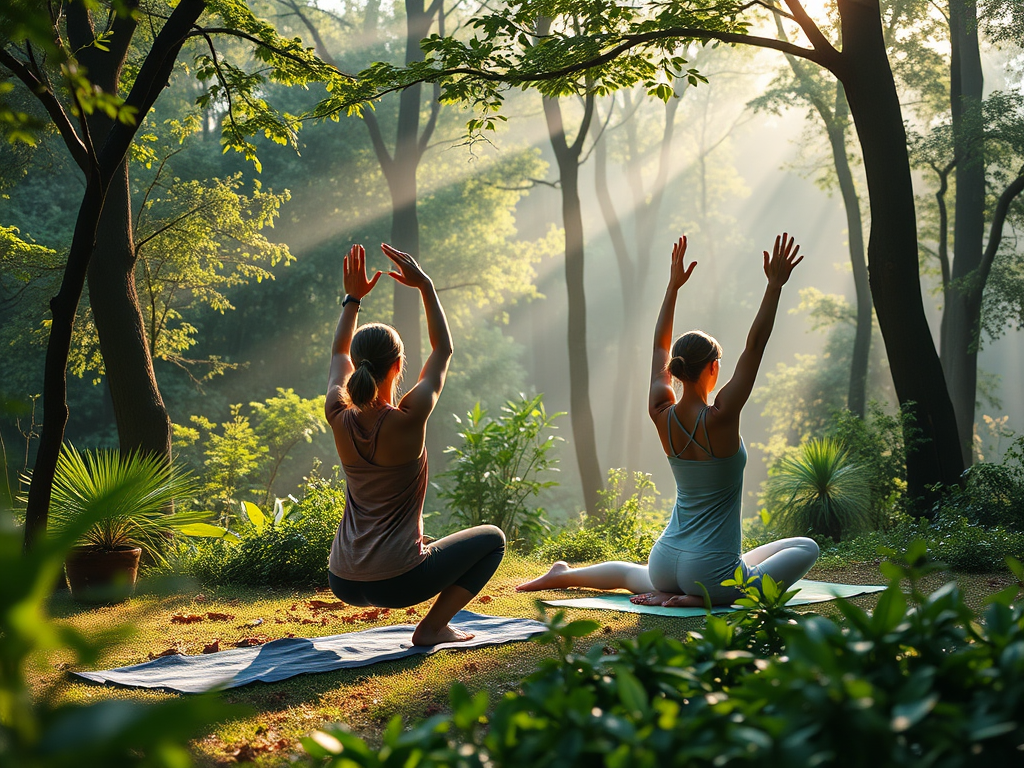 Vrouwen die yoga beoefenen in een groene, serene omgeving.