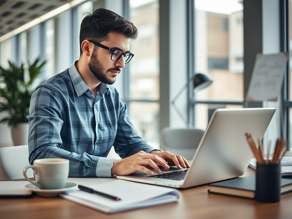 Een ondernemer die gefocust op een laptop werkt in een modern kantoor.