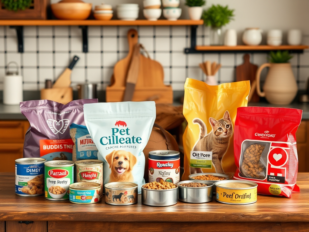 Een gezellige keuken met diverse diervoeding producten op een houten tafel.