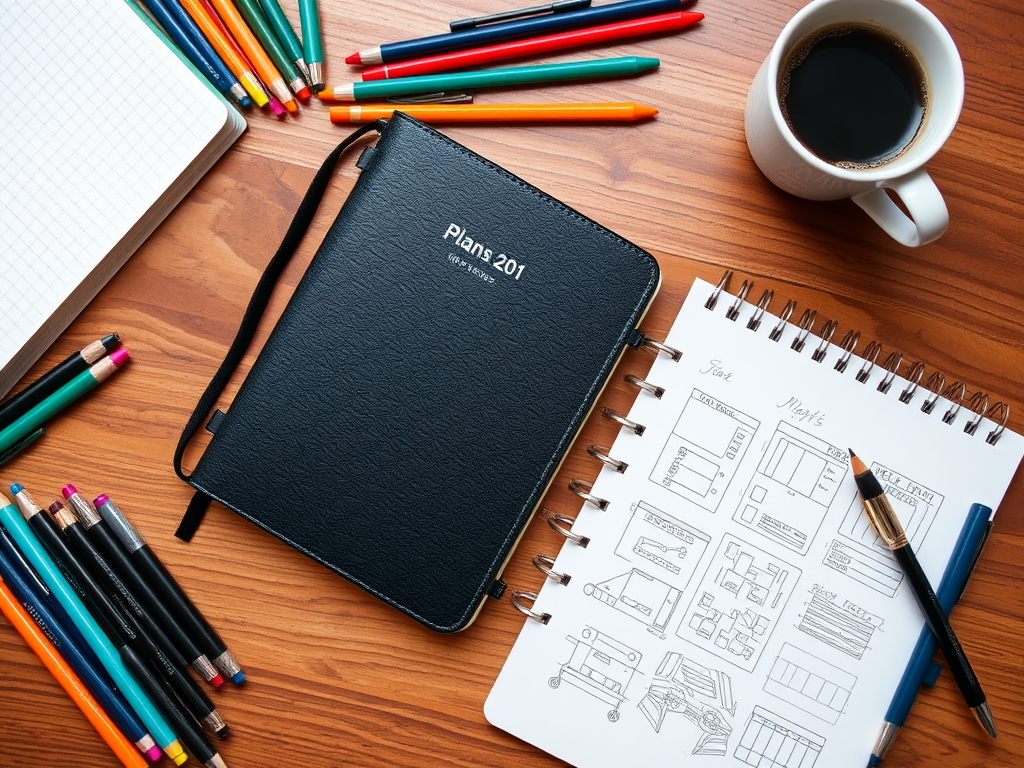 Een planner op een houten bureau met pennen en koffie.