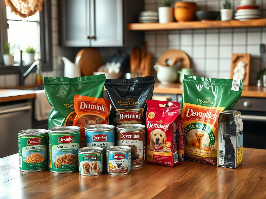 Een gezellige keuken met diverse huisdiervoeding op een tafel.