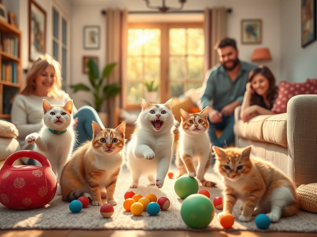 Vrolijke katten spelen in een zonnige kamer.