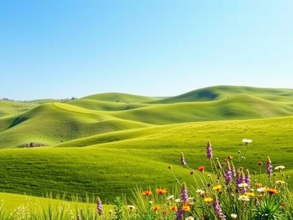 Rustig landschap met groene heuvels en kleurrijke bloemen.