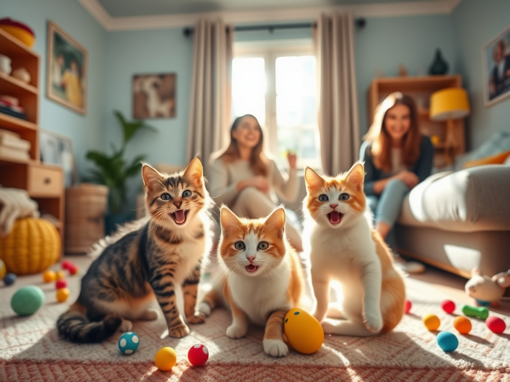 Blije katten spelen met eigenaren in een zonnige kamer.