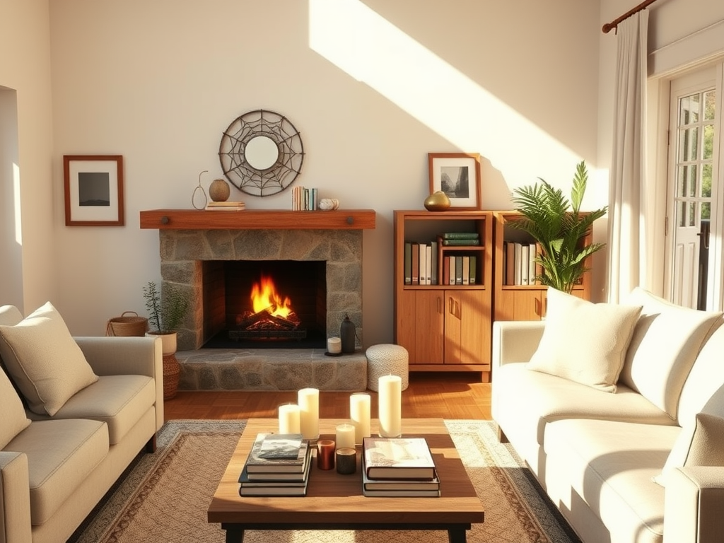 Een gezellige woonkamer met een open haard en zachte banken.
