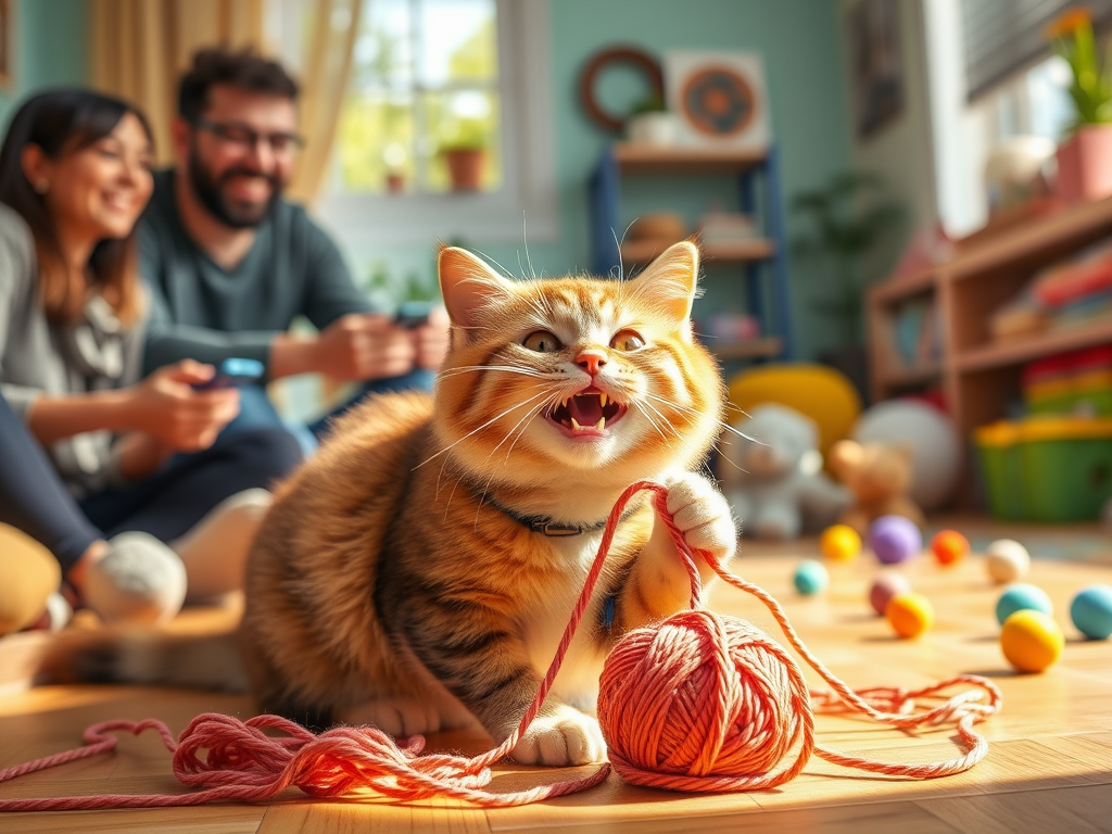 Een blije kat speelt met een bolletje wol in een zonnige kamer.