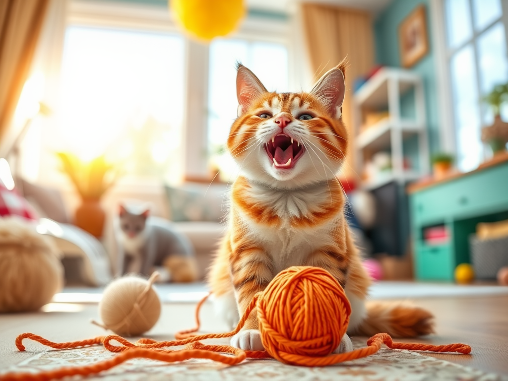 Een speelse kat met een bolletje wol in een zonnige kamer.