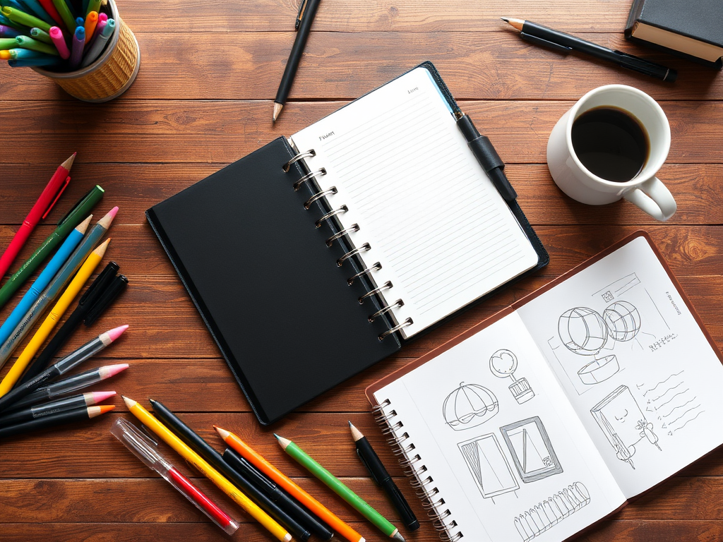 Een planner en notitieboek op een houten bureau.