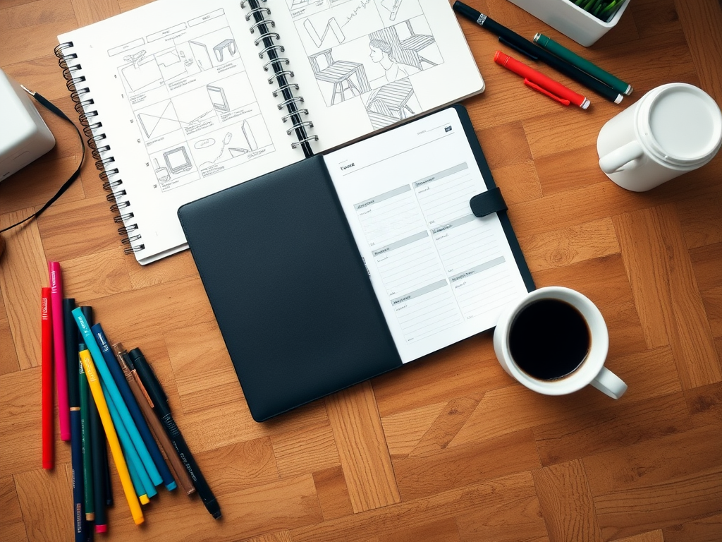 Een planner op een houten bureau met pennen en koffie.