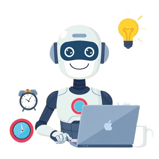 "human figure" "robot assistant" "calendar" "checklist" "light bulb" "digital clock" "desk" "laptop" "paper notes" "coffee cup" "bright colors" "friendly expression" "helpful pose"