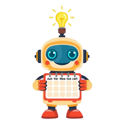 "friendly robot" "holding calendar" "lightbulb above" "smiling face" "bright colors" "simple shapes"