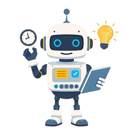 "friendly robot" "calendar" "checklist" "light bulb" "person working" "clock" "gear" "notebook" "smart assistant"