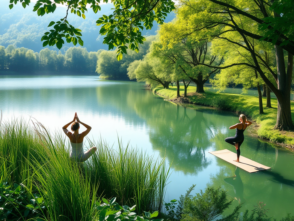 Rustige natuur met een meer en yogabeoefening.