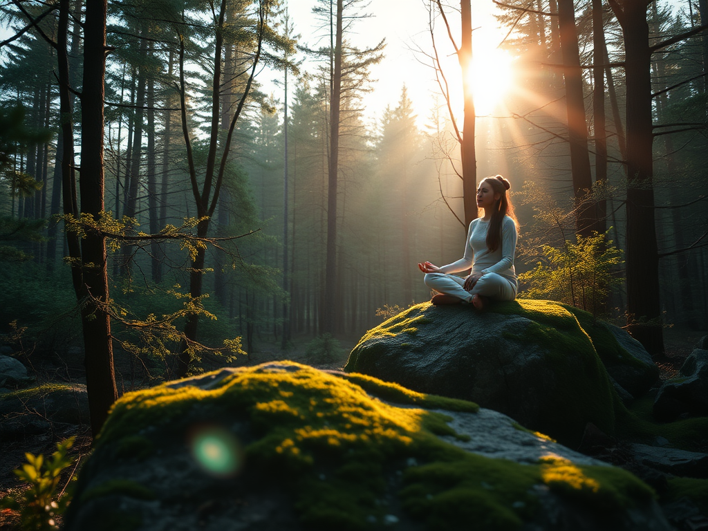 Vrouw mediteert op een mosbedekte rots in het bos.