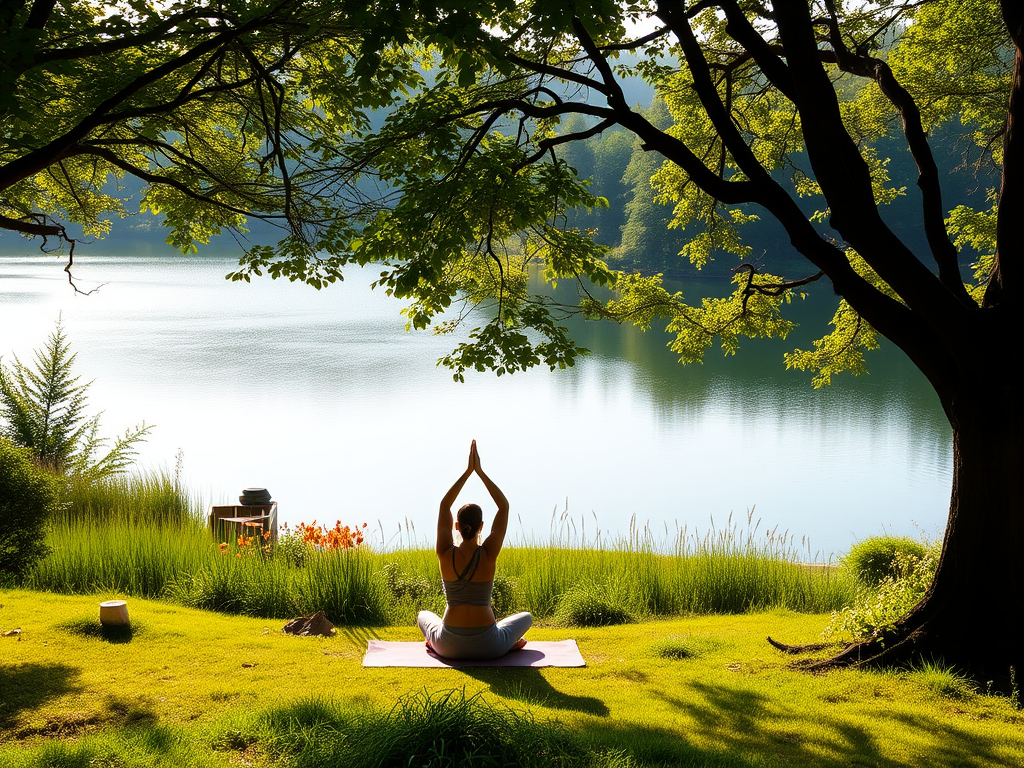 Vrouw die yoga beoefent bij een rustige vijver.