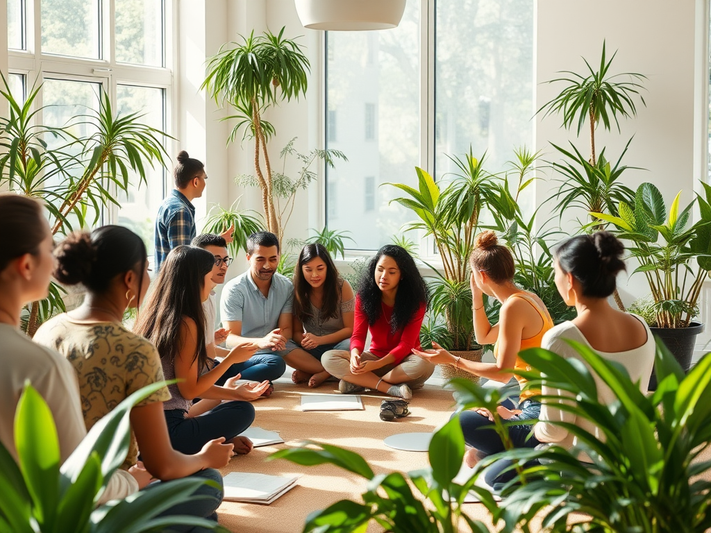 Een levendige workshop met diverse deelnemers in een zonnige kamer.