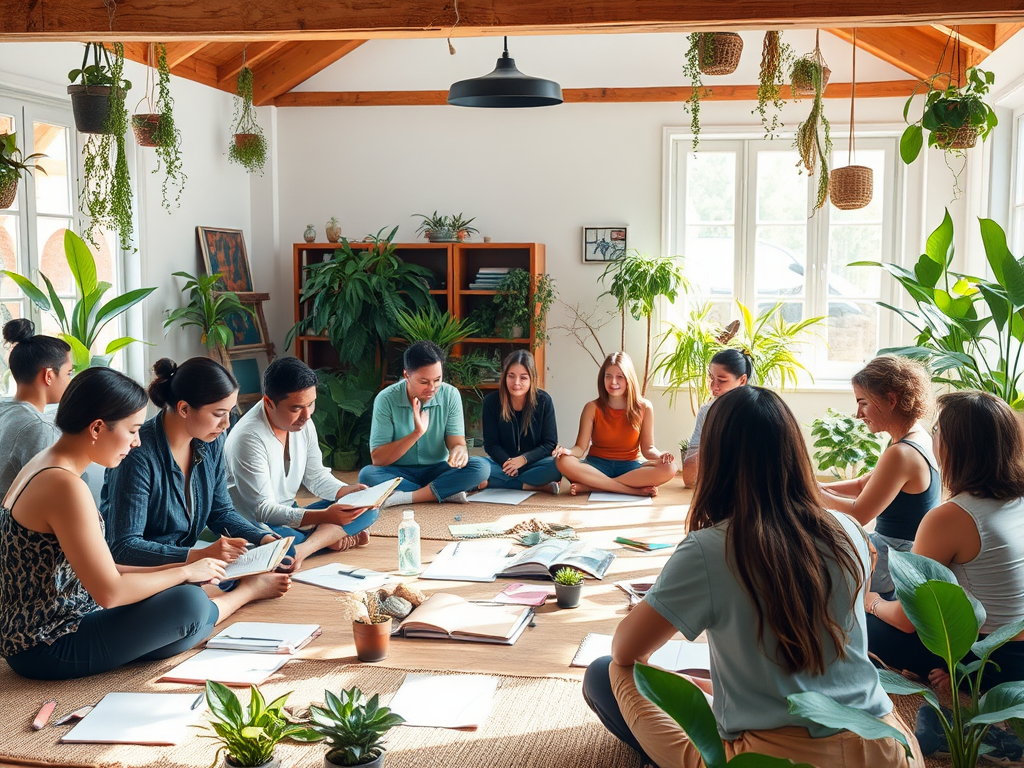 Een levendige workshop met diverse deelnemers in een zonnige kamer.