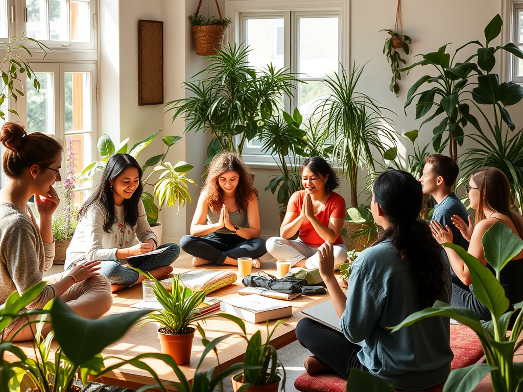 Een levendige workshop met deelnemers in een zonnige kamer vol planten.