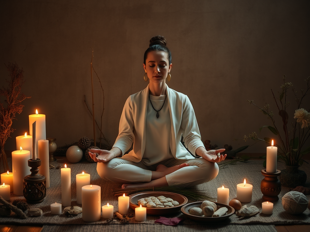 Serene "person meditating" surrounded by "candles," "natural elements," and "handmade ritual objects," evoking calm, connection, and personal ceremony ambiance.