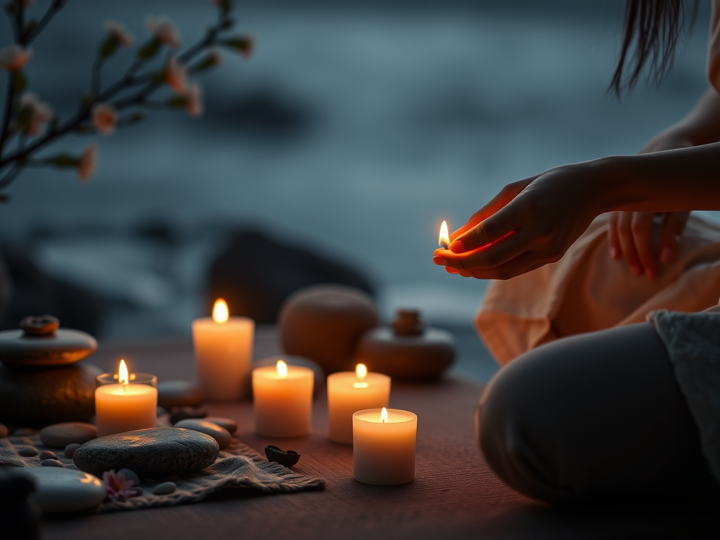 "a serene setting with a person lighting candles" "soft glowing lights" "natural elements like stones and flowers" "calm, peaceful atmosphere" "warm tones and gentle shadows"