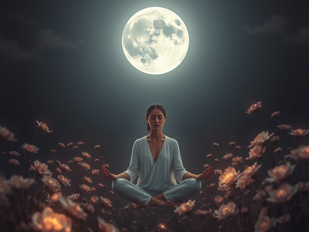 "Moody, ethereal scene of a woman meditating under a silver moon, surrounded by blooming night flowers, soft glow, calming lunar symbols, warm earthy tones." You MAY only use up to 25 words.