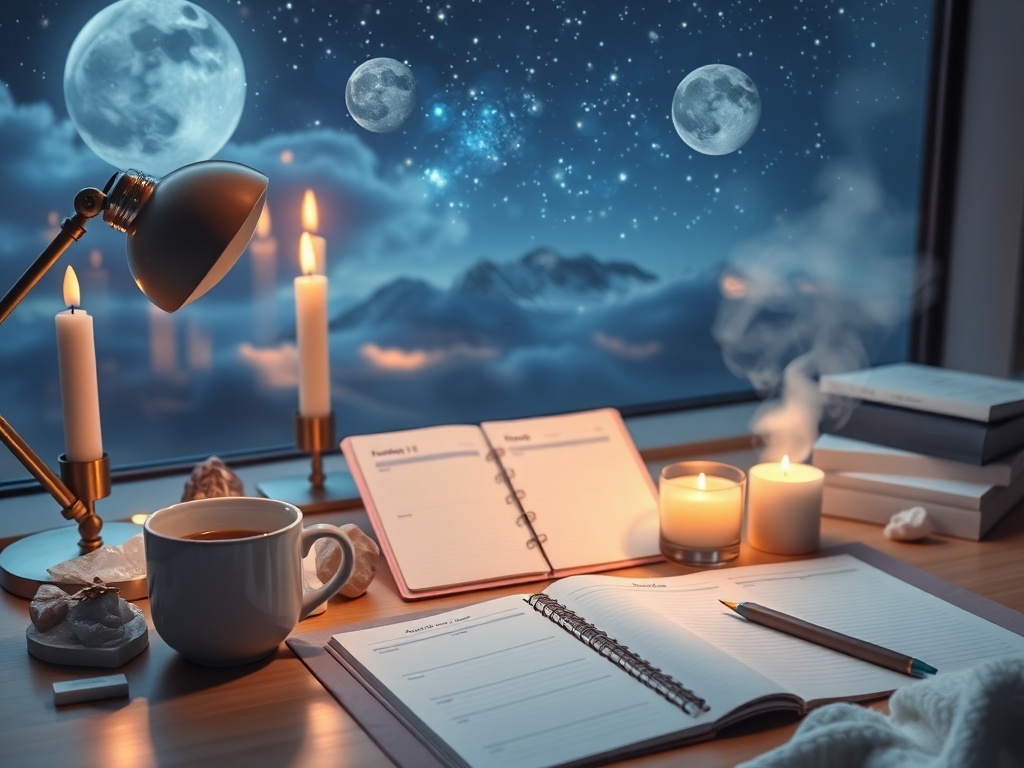 A luminous, moonlit desk scene with celestial-toned planner pages, soft candles, crystals, a steaming mug, and a dreamy night sky backdrop, cozy and focused.