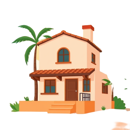 "Spanish house" "sunny sky" "palm tree" "open book" "step ladder" "video play button" "happy person" "map marker"