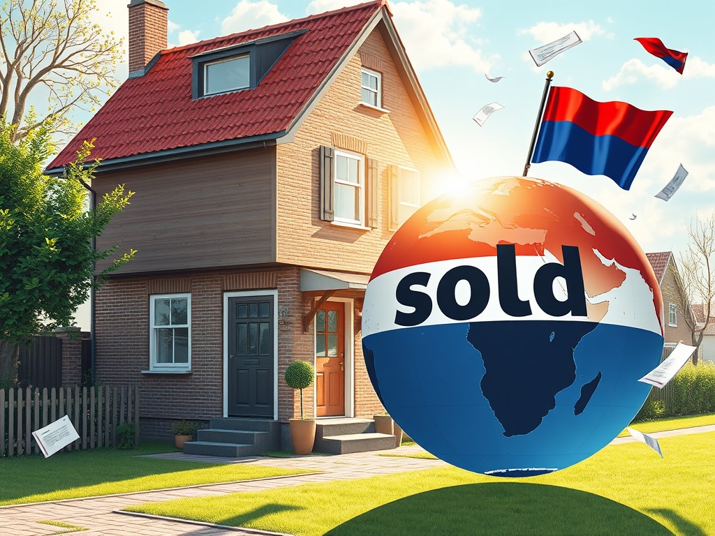 "A detailed, dynamic scene showing a sunny Dutch house with a 'sold' sign fading into a globe labeled Spain and Netherlands, documents fluttering, a calm lawyer location, no brands."
