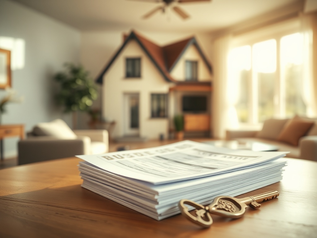 "A detailed scene showing a calm, sunlit living room with a Belgian Dutch-style house in the background, financial documents neatly stacked on a wooden desk, a Spanish tax form faintly visible, a key symbolizing transfer, warm tones, soft shadows."