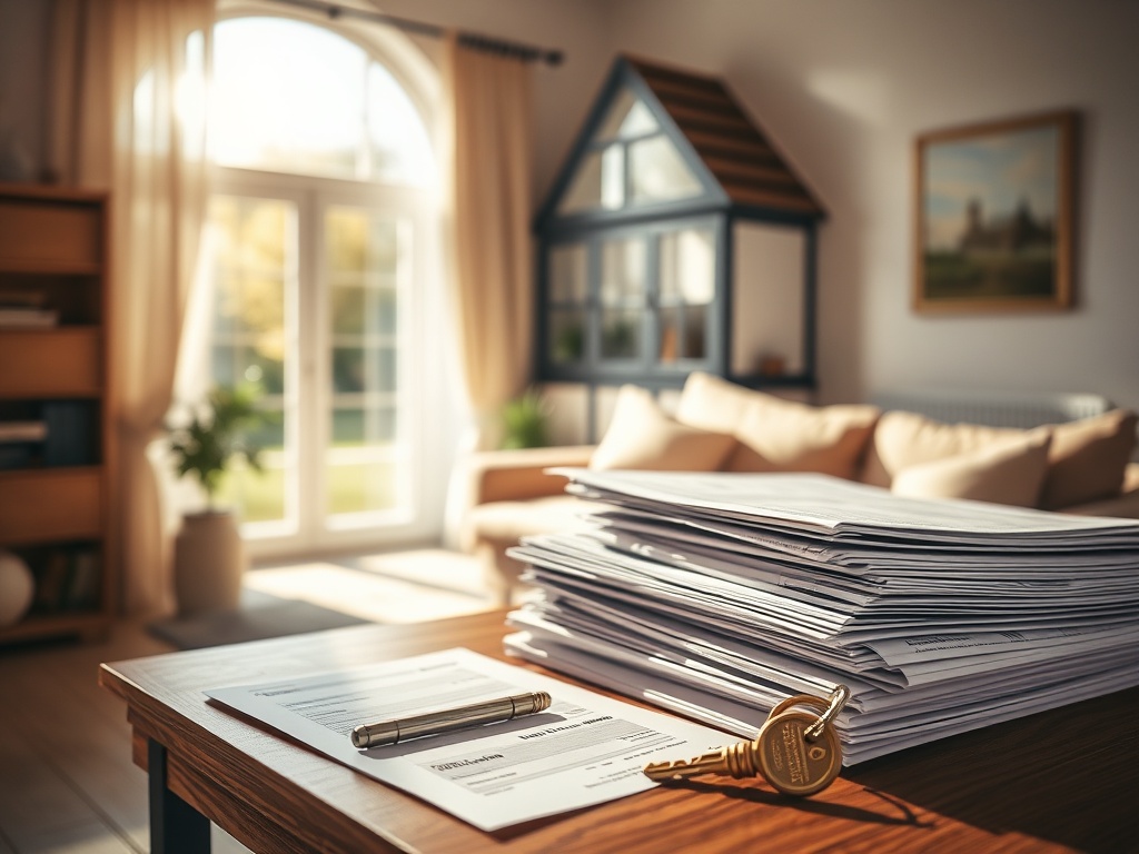 "A detailed scene showing a calm, sunlit living room with a Belgian Dutch-style house in the background, financial documents neatly stacked on a wooden desk, a Spanish tax form faintly visible, a key symbolizing transfer, warm tones, soft shadows."