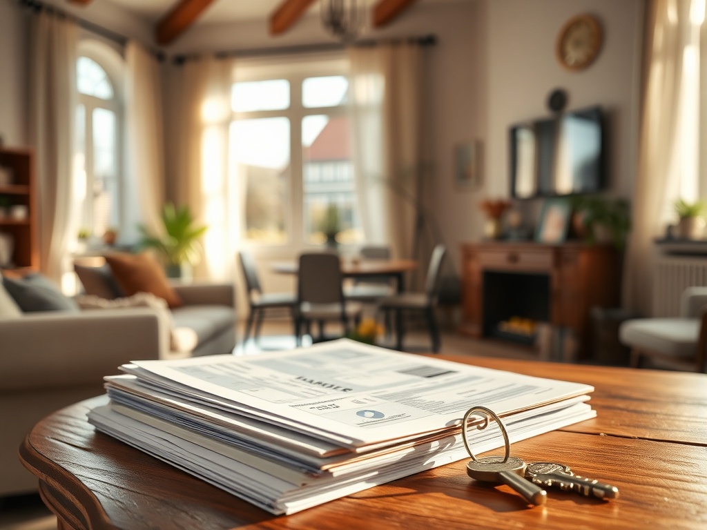 "A detailed scene showing a calm, sunlit living room with a Belgian Dutch-style house in the background, financial documents neatly stacked on a wooden desk, a Spanish tax form faintly visible, a key symbolizing transfer, warm tones, soft shadows."