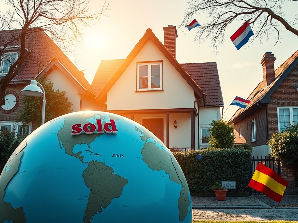 "A detailed, dynamic scene showing a sunny Dutch house with a 'sold' sign fading into a globe labeled Spain and Netherlands, documents fluttering, a calm lawyer location, no brands."