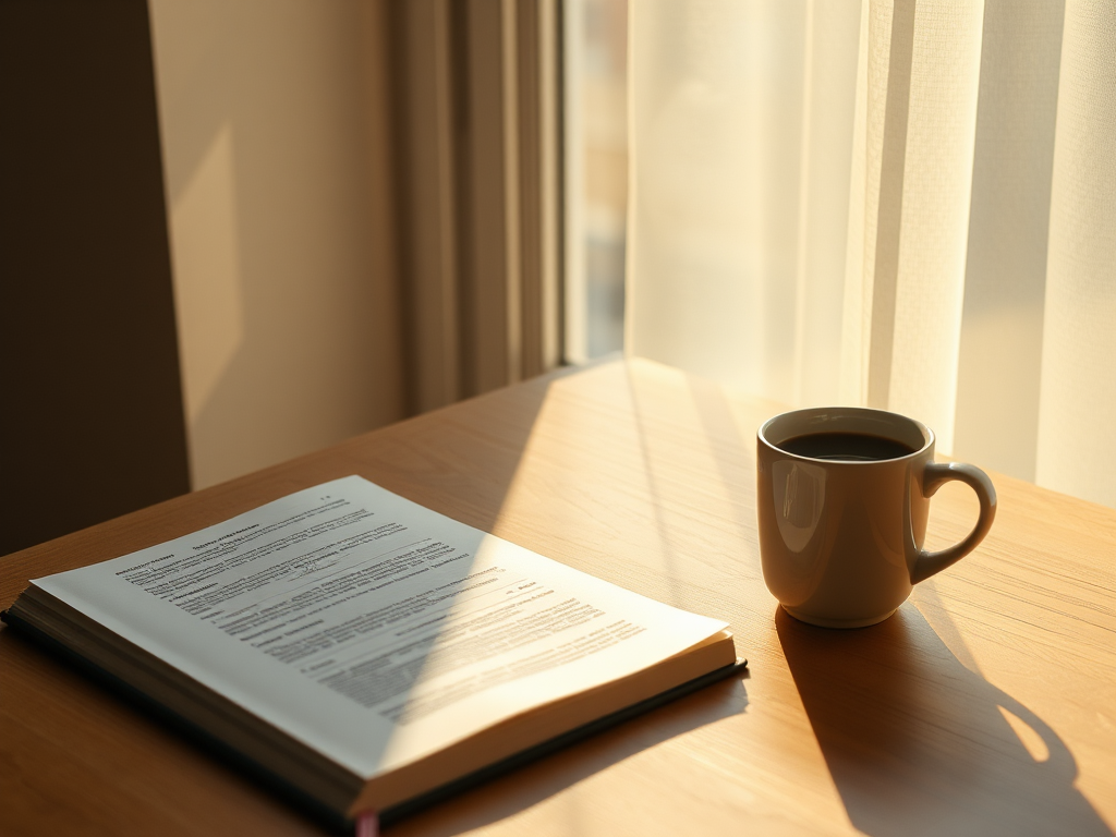 Een rustige werkplek met een open boek en koffie.