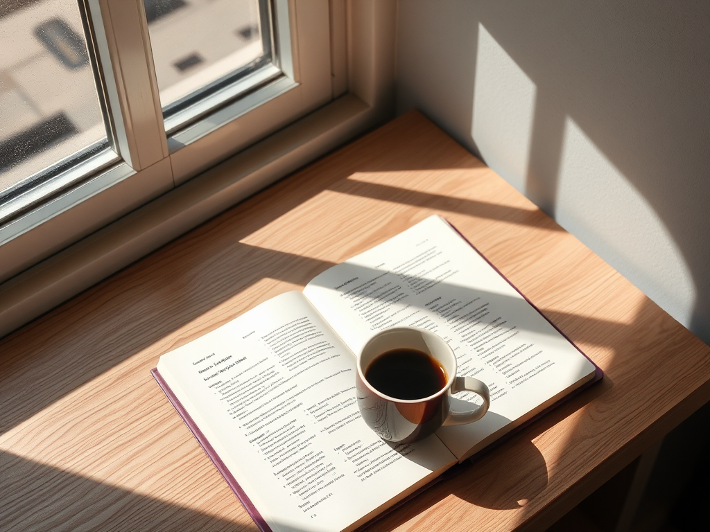 Een rustige werkplek met een open boek en koffie.