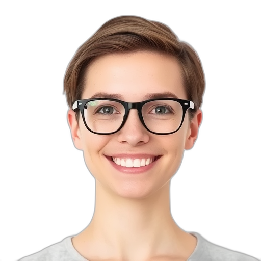 Een persoon met een glimlach tegen een witte achtergrond.