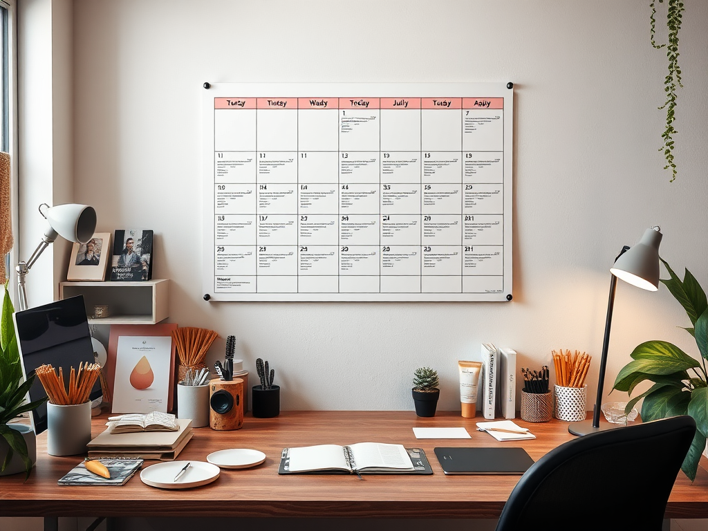 Modern kantoortafel met een grote jaarkalender.