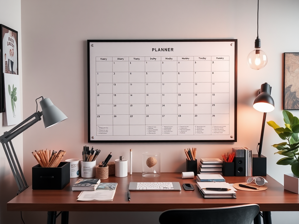 Een modern bureau met een jaarplanner en georganiseerde kantoorbenodigdheden.