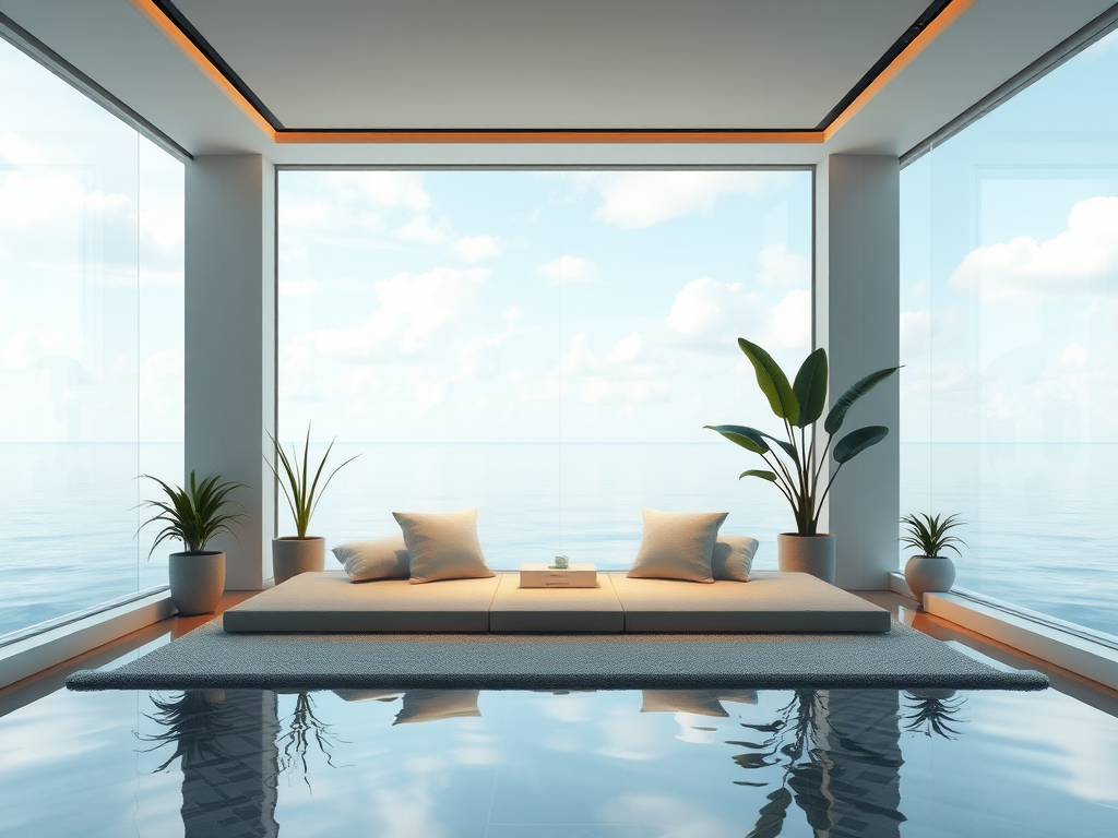 Een serene meditatieruimte met zachte verlichting en planten.