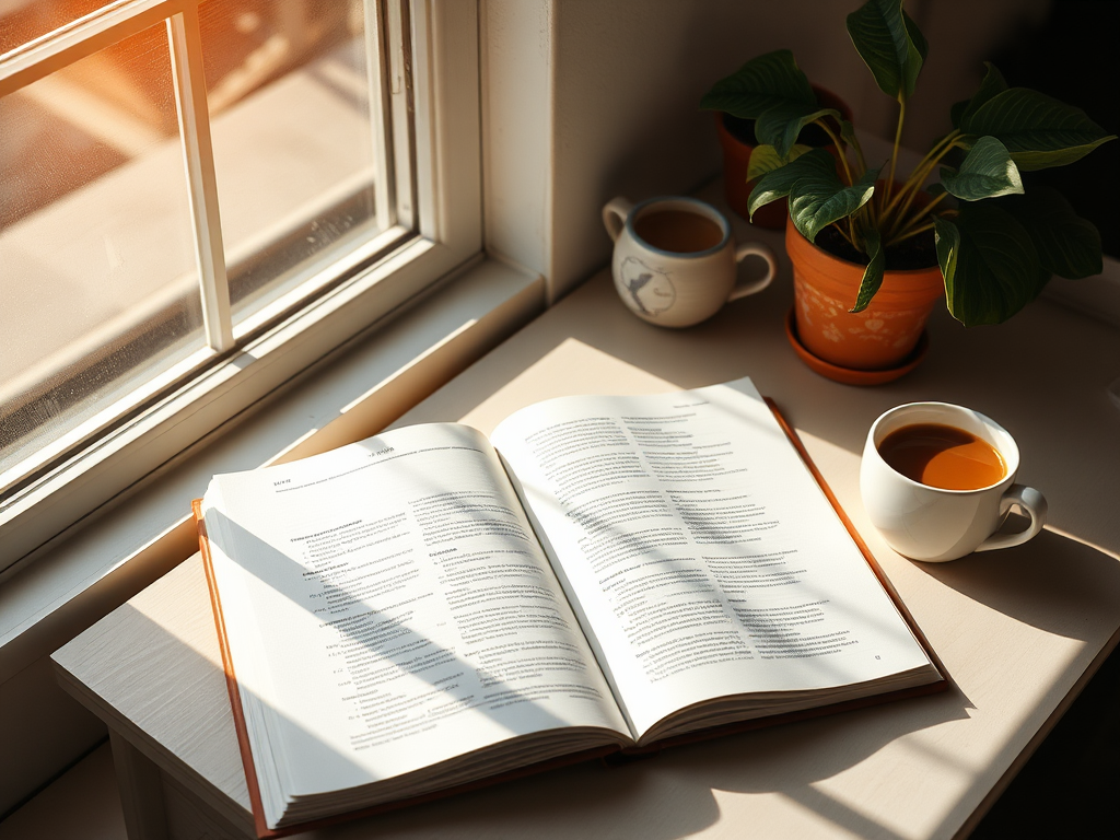 Een rustig bureau met een open boek en koffie.