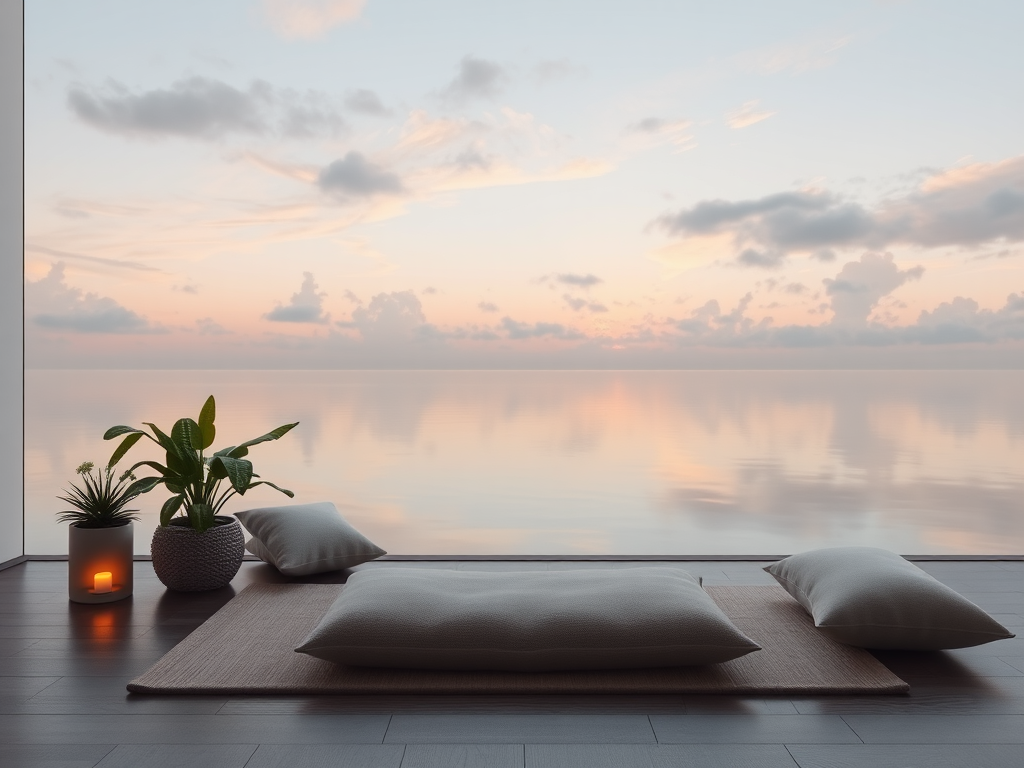 Een serene meditatie ruimte met zachte verlichting en kussens.