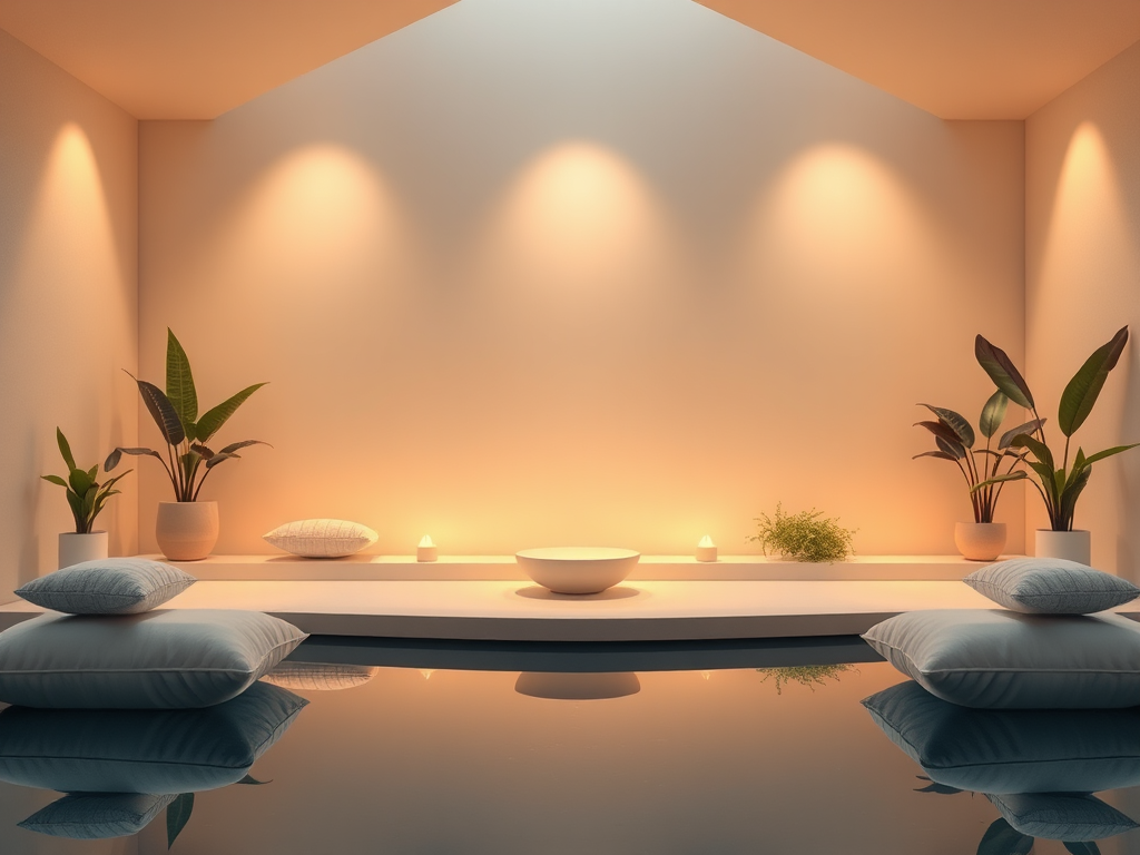 Een serene meditatieplek met zachte verlichting en planten.
