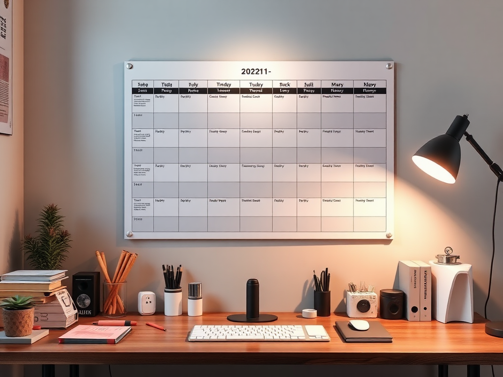 Modern werkruimte met een grote jaarplanner aan de muur.