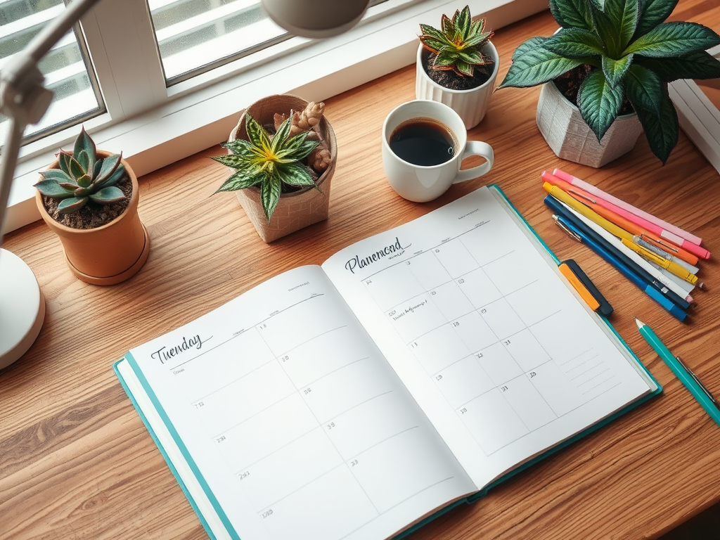 Een gezellige werkplek met een open planner en planten.