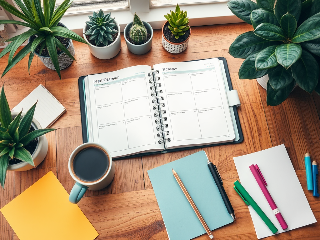 Een gezellige werkplek met een open planner en planten.