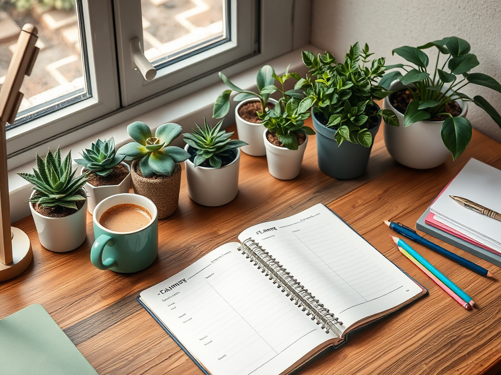 Een gezellige werkplek met een open planner en planten.