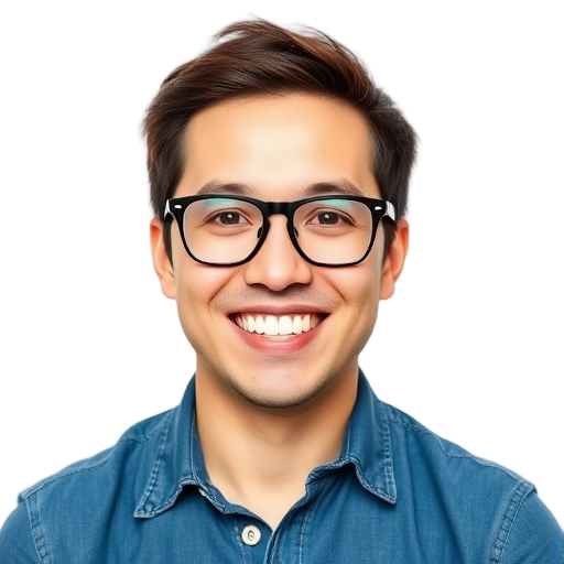 Een persoon met een glimlach voor een witte achtergrond.